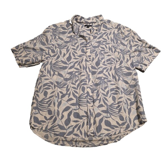 Men's Linen Blend Short-Sleeved Tropical Print Button Up Blue White Size XL - Picture 2 of 7